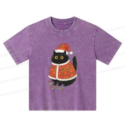 Tokyo-Tiger Cat Wearing Santa Hat Kids Washed T-Shirt