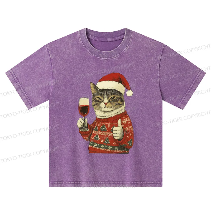 Tokyo-Tiger Christmas Cat Likes Kids Washed T-Shirt