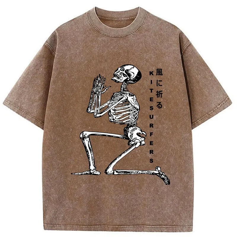 Tokyo-Tiger Kneeling Praying Skeleton Washed T-Shirt