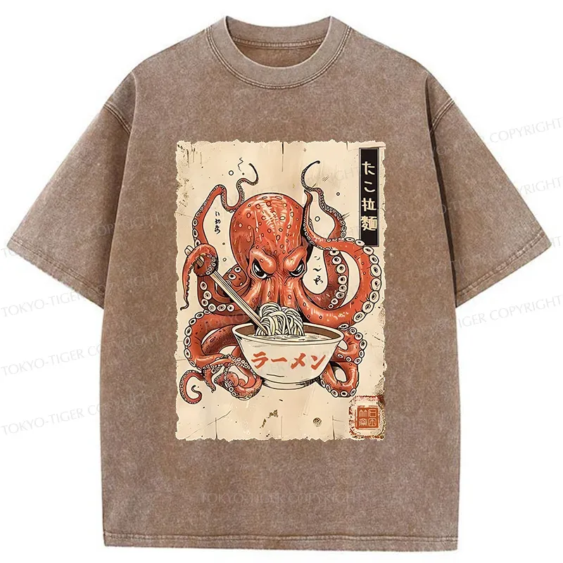 Tokyo-Tiger Retro Octopus Eating Ramen Washed T-Shirt
