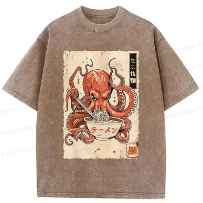 Tokyo-Tiger Retro Octopus Eating Ramen Washed T-Shirt