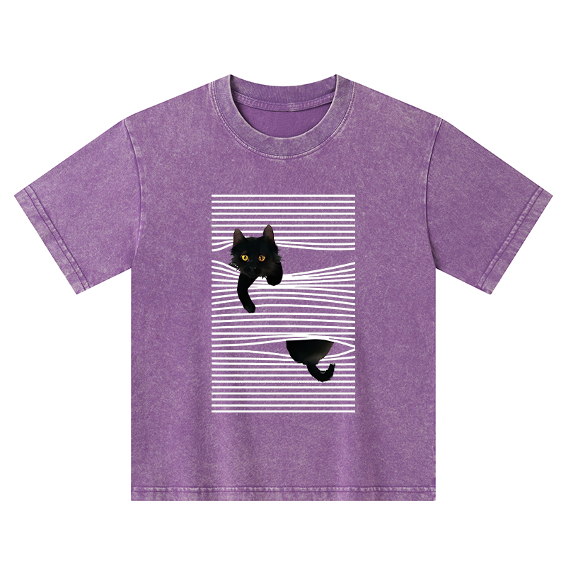 Tokyo-Tiger Cat Scratching Curtain Kids Washed T-Shirt
