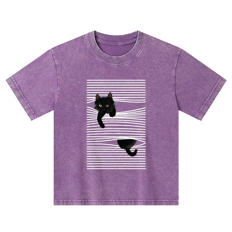 Tokyo-Tiger Cat Scratching Curtain Kids Washed T-Shirt
