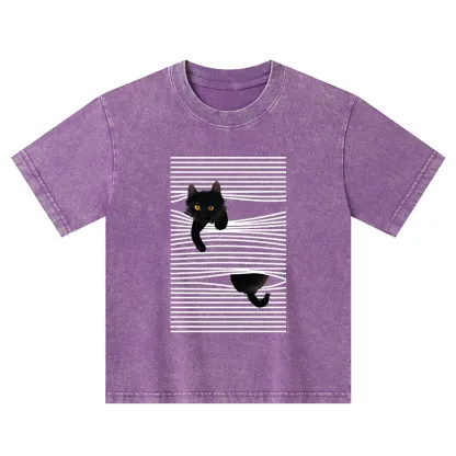 Tokyo-Tiger Cat Scratching Curtain Kids Washed T-Shirt