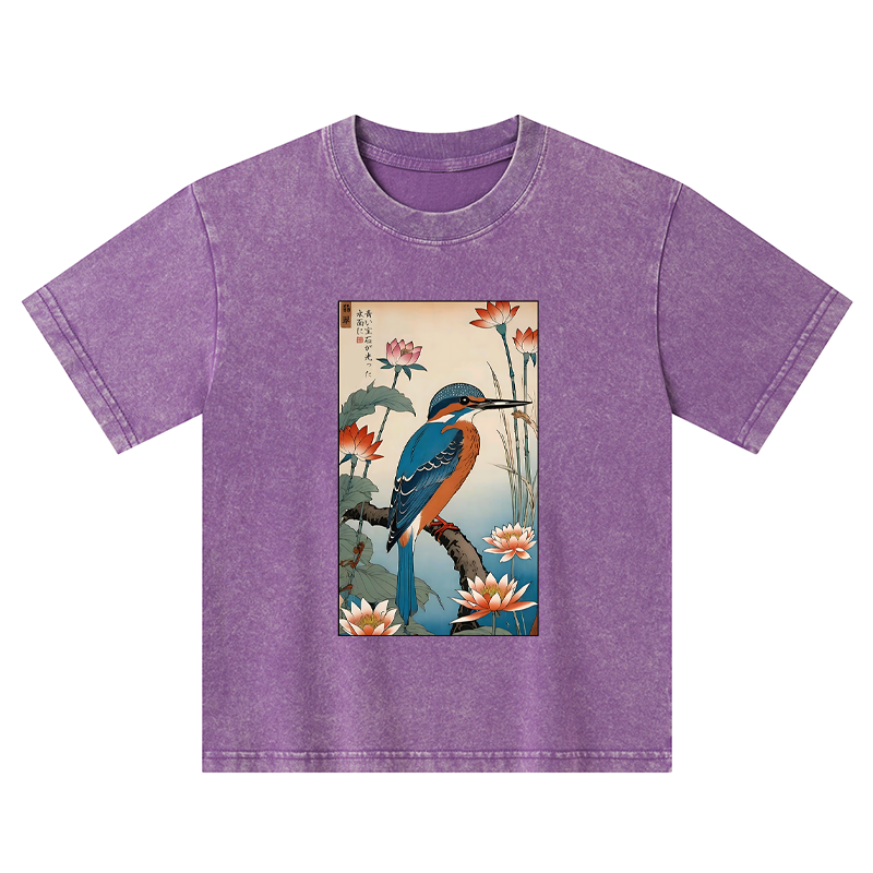 Tokyo-Tiger Ukiyo-e Kingfisher Kids Washed T-Shirt