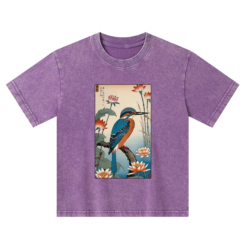 Tokyo-Tiger Ukiyo-e Kingfisher Kids Washed T-Shirt