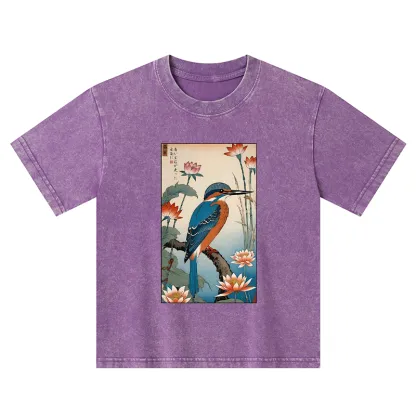 Tokyo-Tiger Ukiyo-e Kingfisher Kids Washed T-Shirt