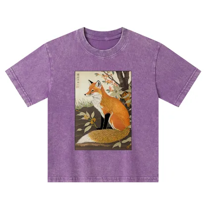Tokyo-Tiger Ukiyo-e Fox Kids Washed T-Shirt