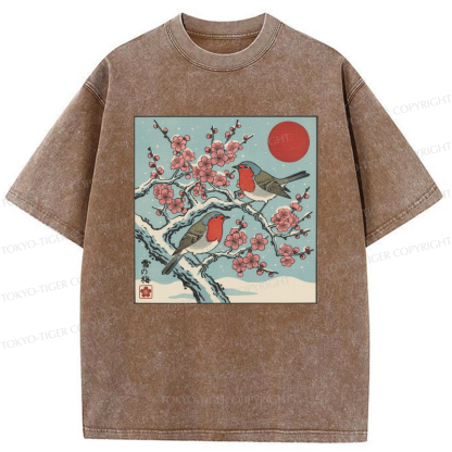 Tokyo-Tiger Winter Blossoms And Feathered Melodies Washed T-Shirt