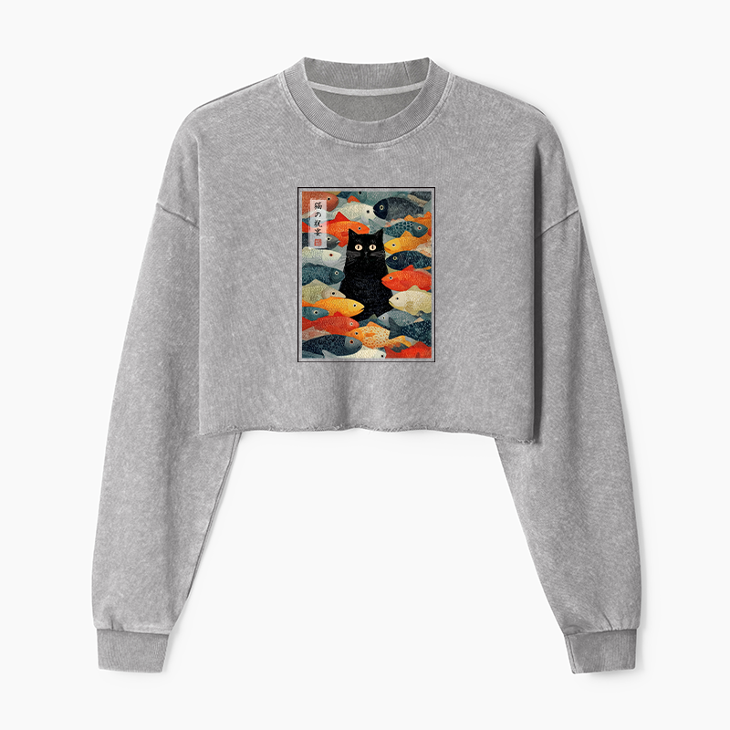 Tokyo-Tiger The Cat's Feast of Fish Washed Crop Sweatshirt