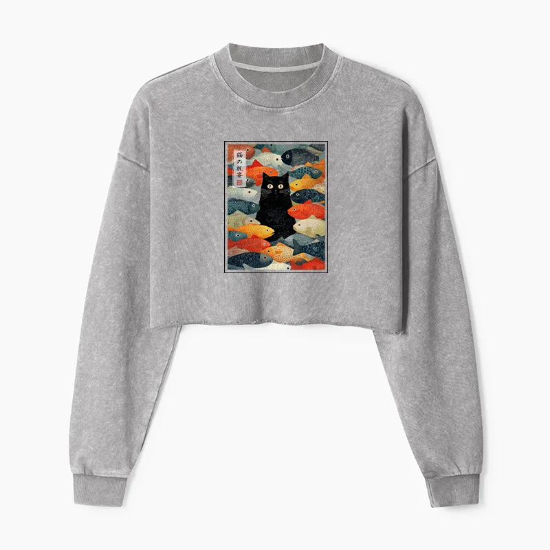 Tokyo-Tiger The Cat's Feast of Fish Washed Crop Sweatshirt