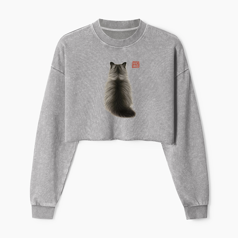 Tokyo-Tiger Cat's Back Ink Painting Washed Crop Sweatshirt