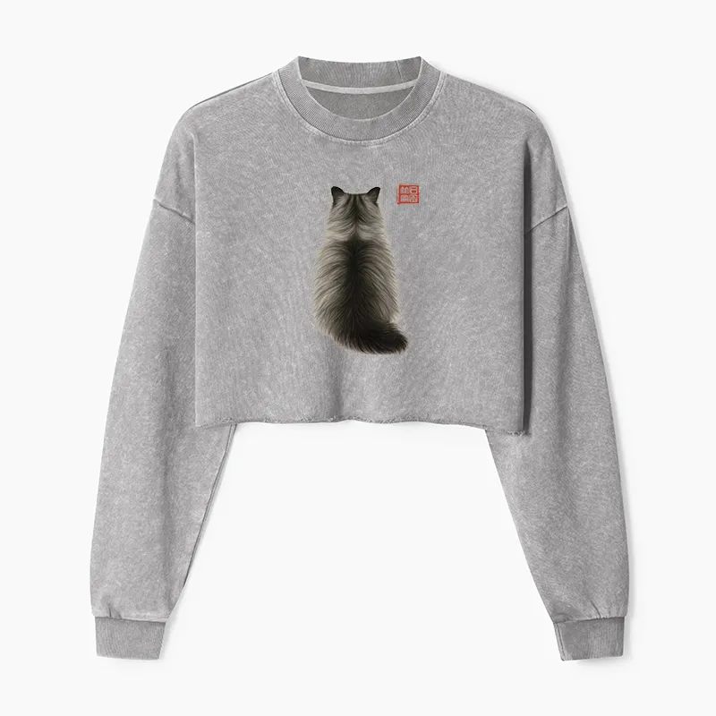 Tokyo-Tiger Cat's Back Ink Painting Washed Crop Sweatshirt