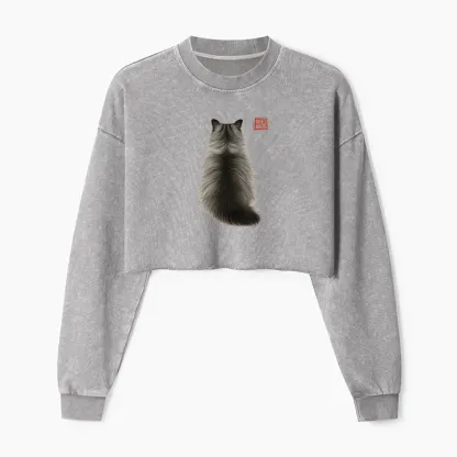 Tokyo-Tiger Cat's Back Ink Painting Washed Crop Sweatshirt