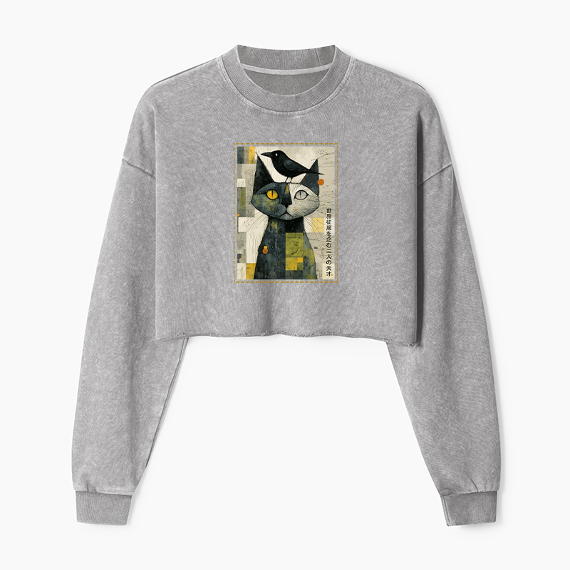 Tokyo-Tiger The Cat And The Crow Are Planning To Rule The World Washed Crop Sweatshirt