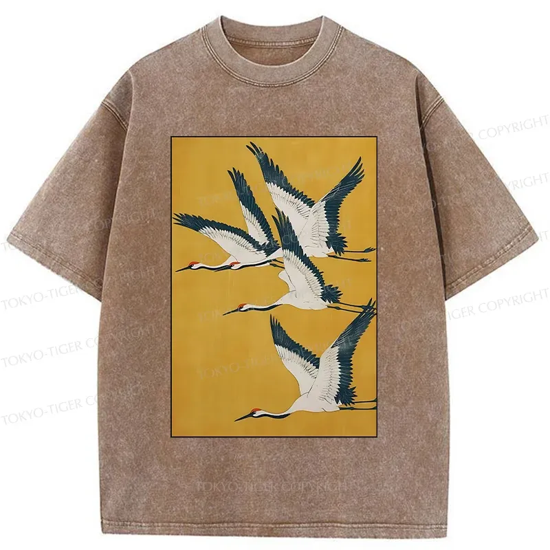 Tokyo-Tiger Vintage Cranes Painting Washed T-Shirt