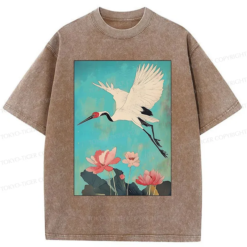 Tokyo-Tiger Crane And Lotus Japan Washed T-Shirt