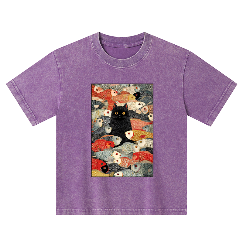 Tokyo-Tiger Cats And Fish Kids Washed T-Shirt