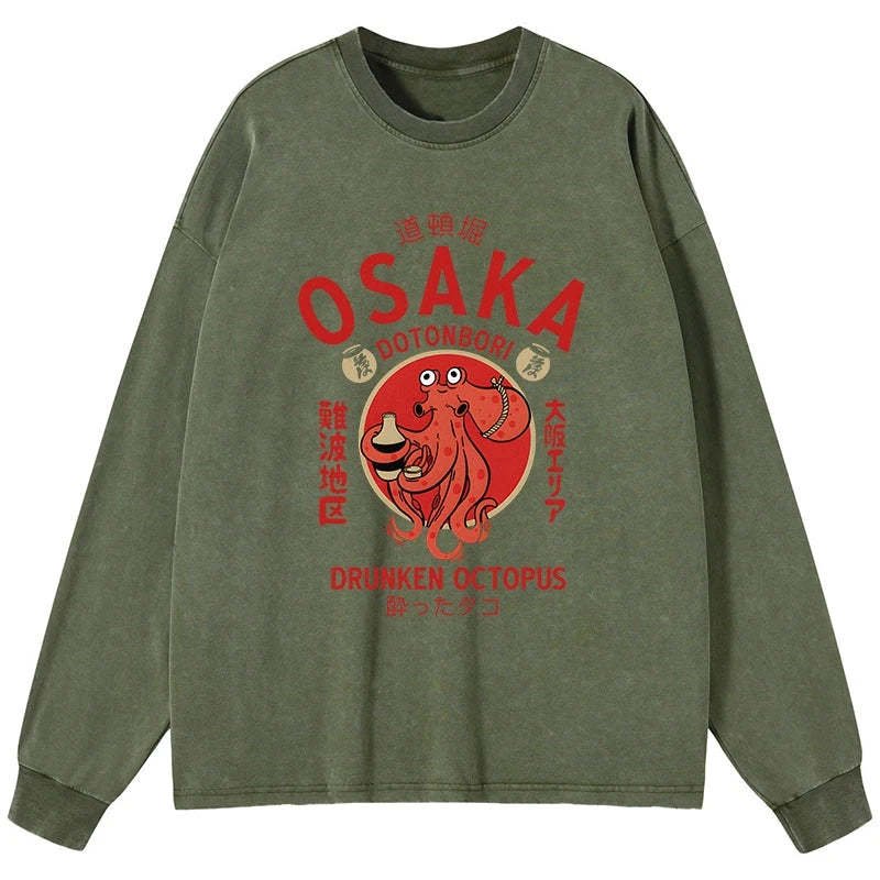 Tokyo-Tiger Drunken Octopus Japan Washed Long Sleeve T-Shirt