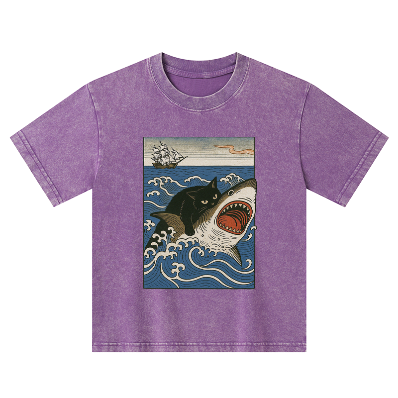 Tokyo-Tiger Cat Hunting Shark Kids Washed T-Shirt