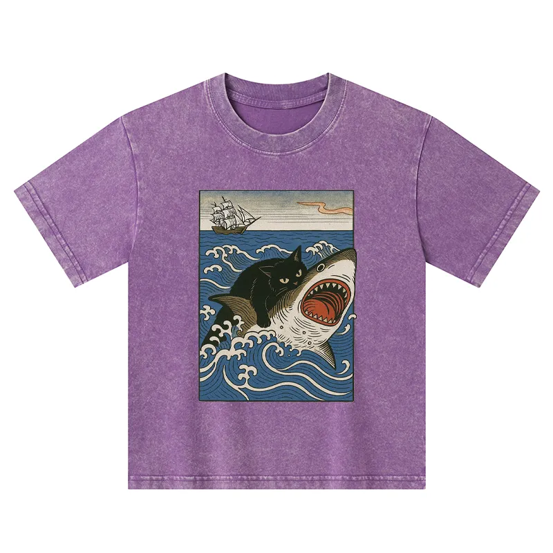 Tokyo-Tiger Cat Hunting Shark Kids Washed T-Shirt