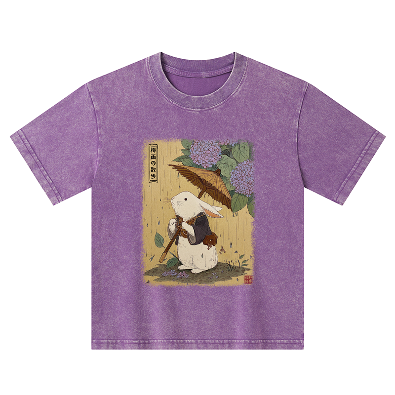 Tokyo-Tiger Ukiyoe Rainy Stroll Bunny Kids Washed T-Shirt