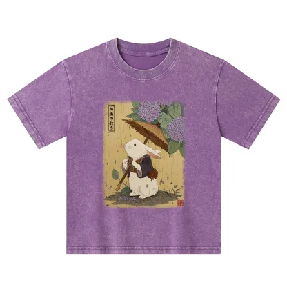 Tokyo-Tiger Ukiyoe Rainy Stroll Bunny Kids Washed T-Shirt