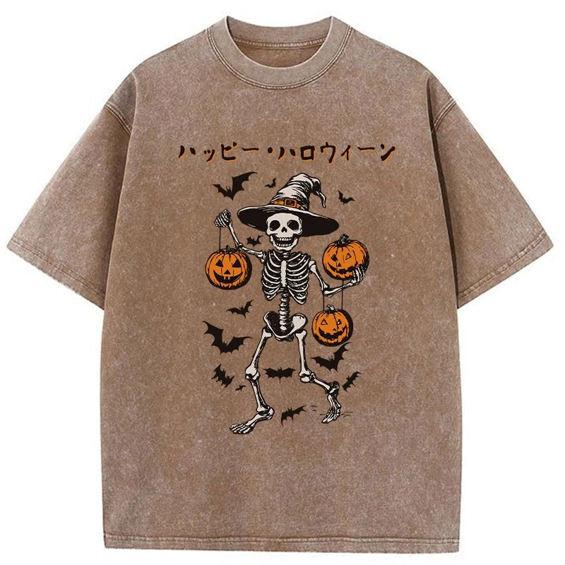 Tokyo-Tiger Skeleton Spooky Season Halloween Washed T-Shirt
