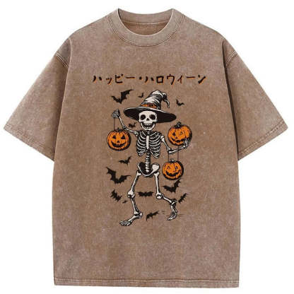 Tokyo-Tiger Skeleton Spooky Season Halloween Washed T-Shirt