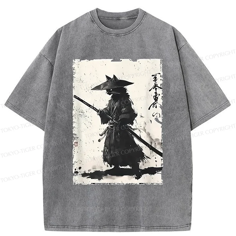 Tokyo-Tiger Handsome Cat Japanese Samurai Washed T-Shirt