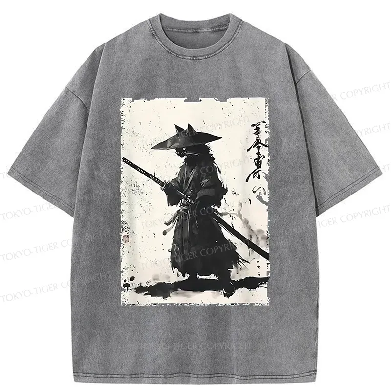 Tokyo-Tiger Handsome Cat Japanese Samurai Washed T-Shirt