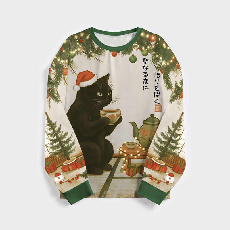 Tokyo-Tiger Tea Time With A Black Cat Family Pajama Sets