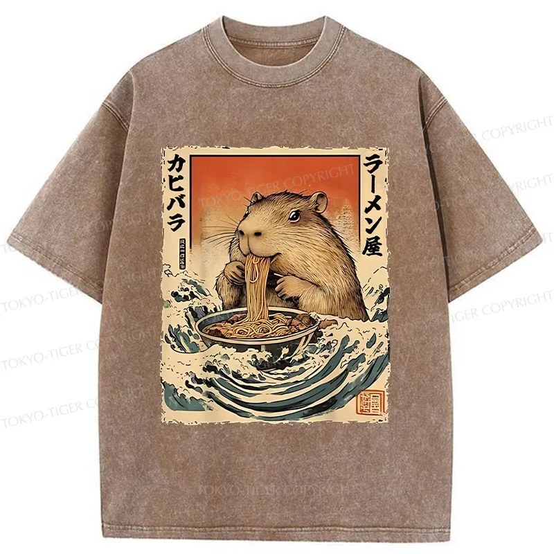 Tokyo-Tiger Hamster Eating Ramen Washed T-Shirt