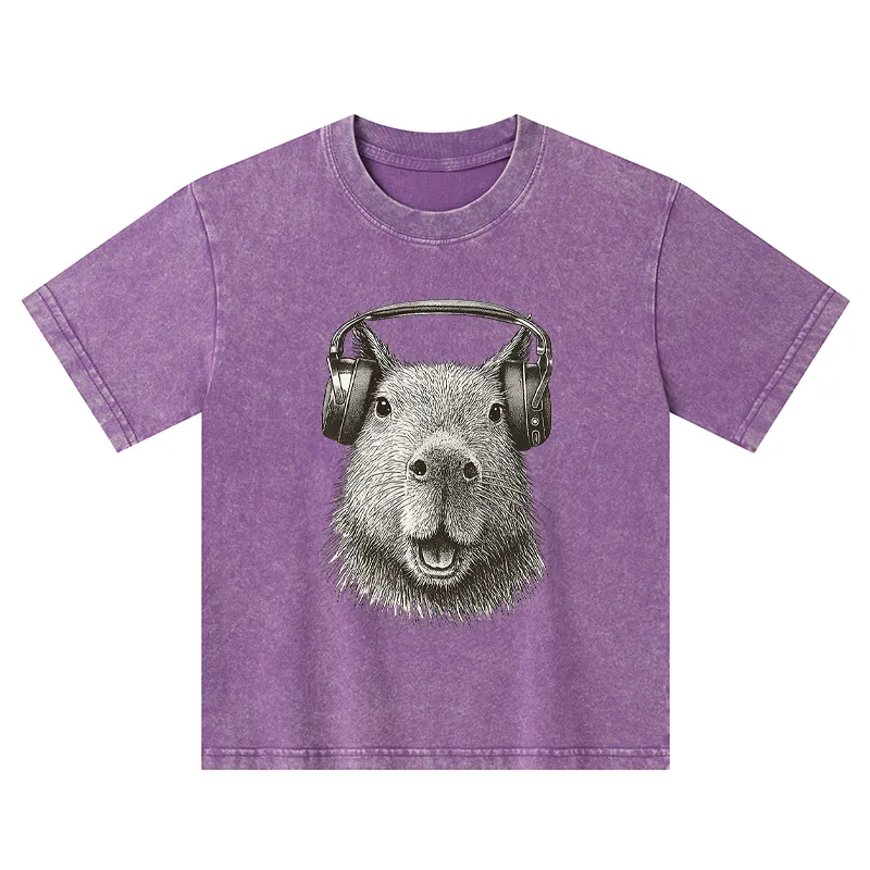 Tokyo-Tiger Capybara Listening To Music Kids Washed T-Shirt