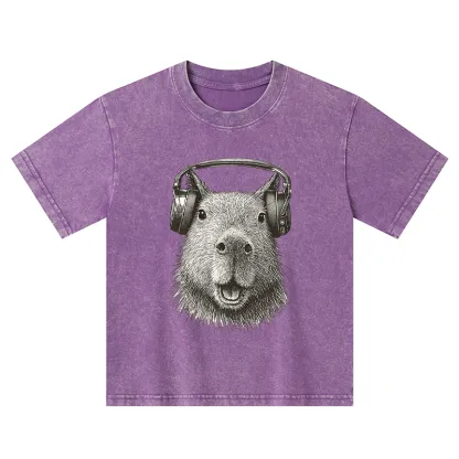 Tokyo-Tiger Capybara Listening To Music Kids Washed T-Shirt