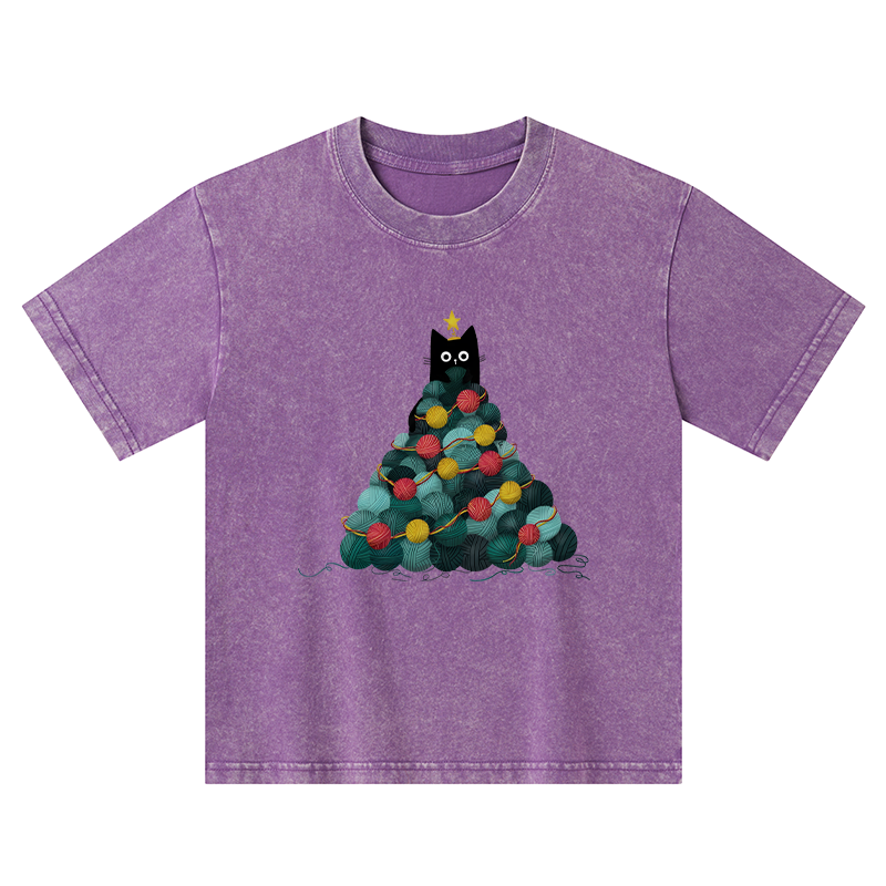 Tokyo-Tiger Yarn Christmas Tree Cat Kids Washed T-Shirt