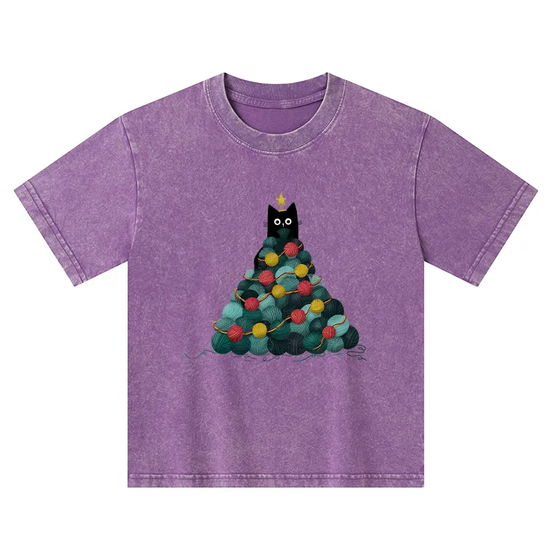 Tokyo-Tiger Yarn Christmas Tree Cat Kids Washed T-Shirt