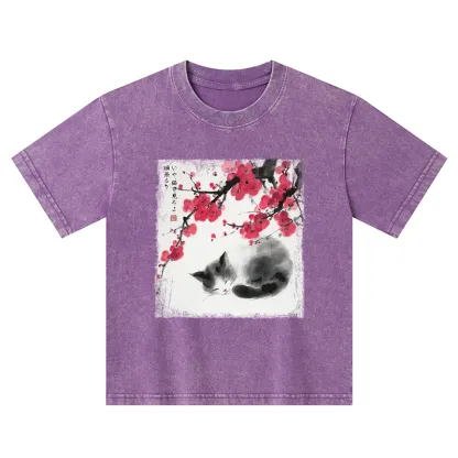 Tokyo-Tiger Ink Wash Painting: A Cat Lying Flat Under The Tree Kids Washed T-Shirt
