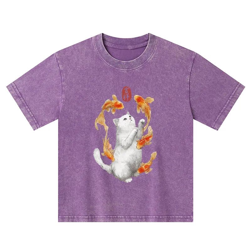 Tokyo-Tiger Zen Cat And The Dancing Fish Kids Washed T-Shirt