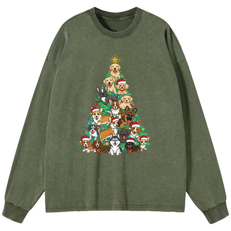 Tokyo-Tiger Christmas Tree Dog Funny Washed Long Sleeve T-Shirt