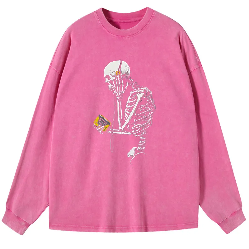 Tokyo-Tiger Skeleton Listening To Music Washed Long Sleeve T-Shirt