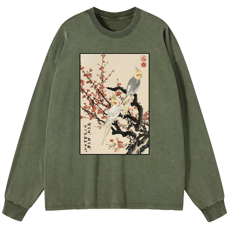 Tokyo-Tiger Whispers of Silent Blossoms Washed Long Sleeve T-Shirt