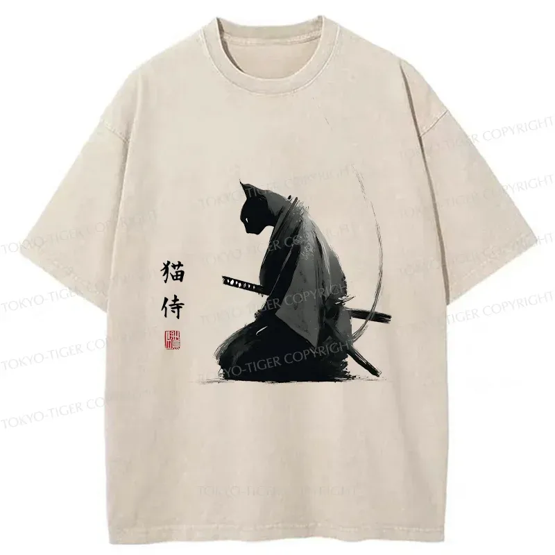 Tokyo-Tiger Kneeling Cat Samurai Washed T-Shirt