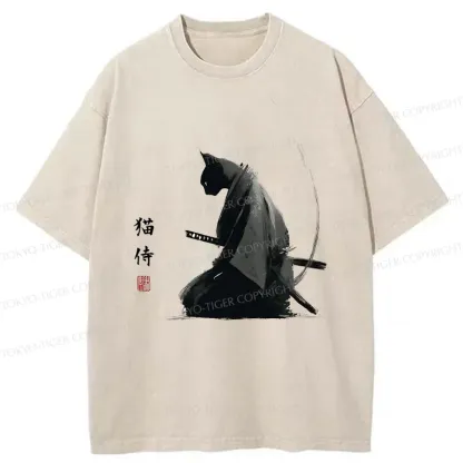 Tokyo-Tiger Kneeling Cat Samurai Washed T-Shirt