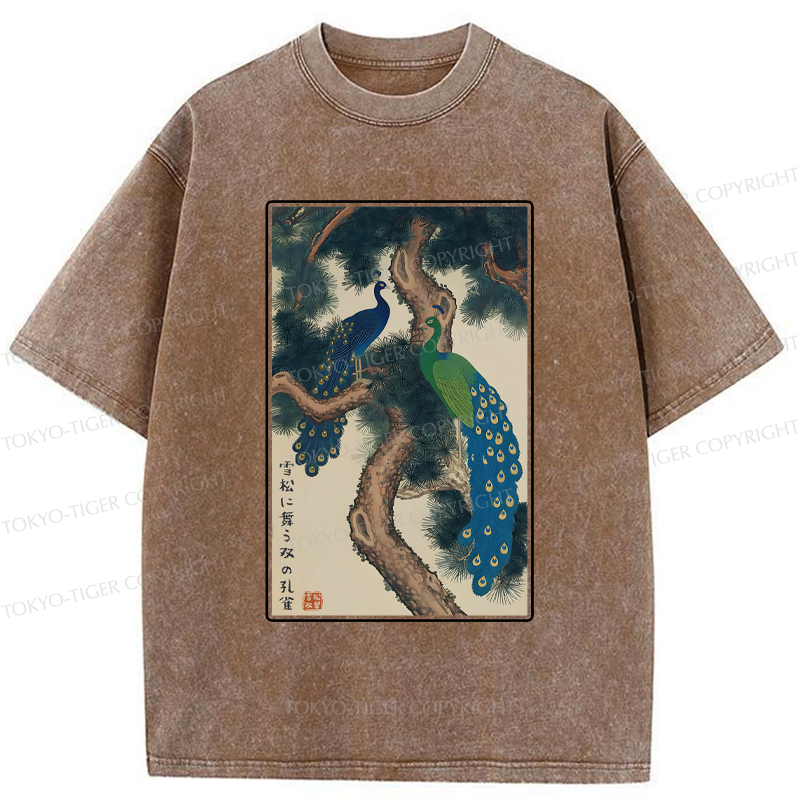 Tokyo-Tiger Peacocks in Snowy Pines Washed T-Shirt