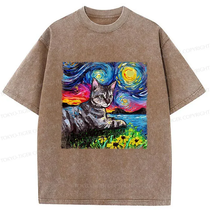 Tokyo-Tiger Cat Under The Starry Night Funny Washed T-Shirt