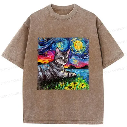 Tokyo-Tiger Cat Under The Starry Night Funny Washed T-Shirt