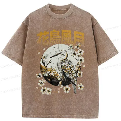 Tokyo-Tiger Flowers Birds Wind And Moon Washed T-Shirt