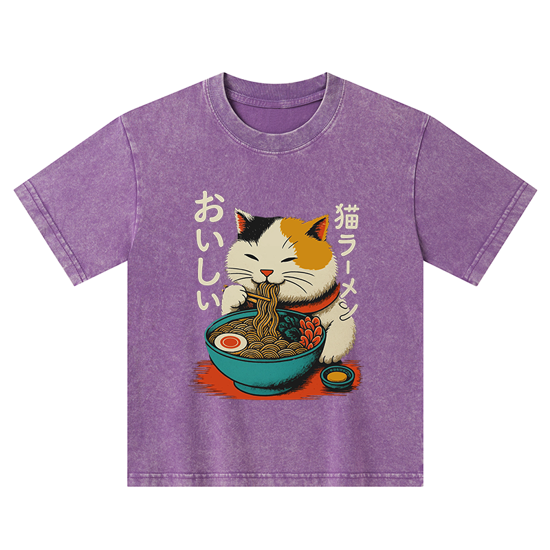 Tokyo-Tiger Cute Eat Eating Japanese Ramen Kids Washed T-Shirt