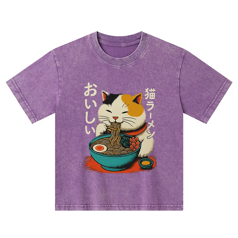 Tokyo-Tiger Cute Eat Eating Japanese Ramen Kids Washed T-Shirt